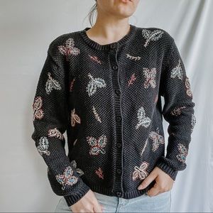 VINTAGE | Black Fall Leaves Embroidered Chunky Knit Button Down Sweater Sz M